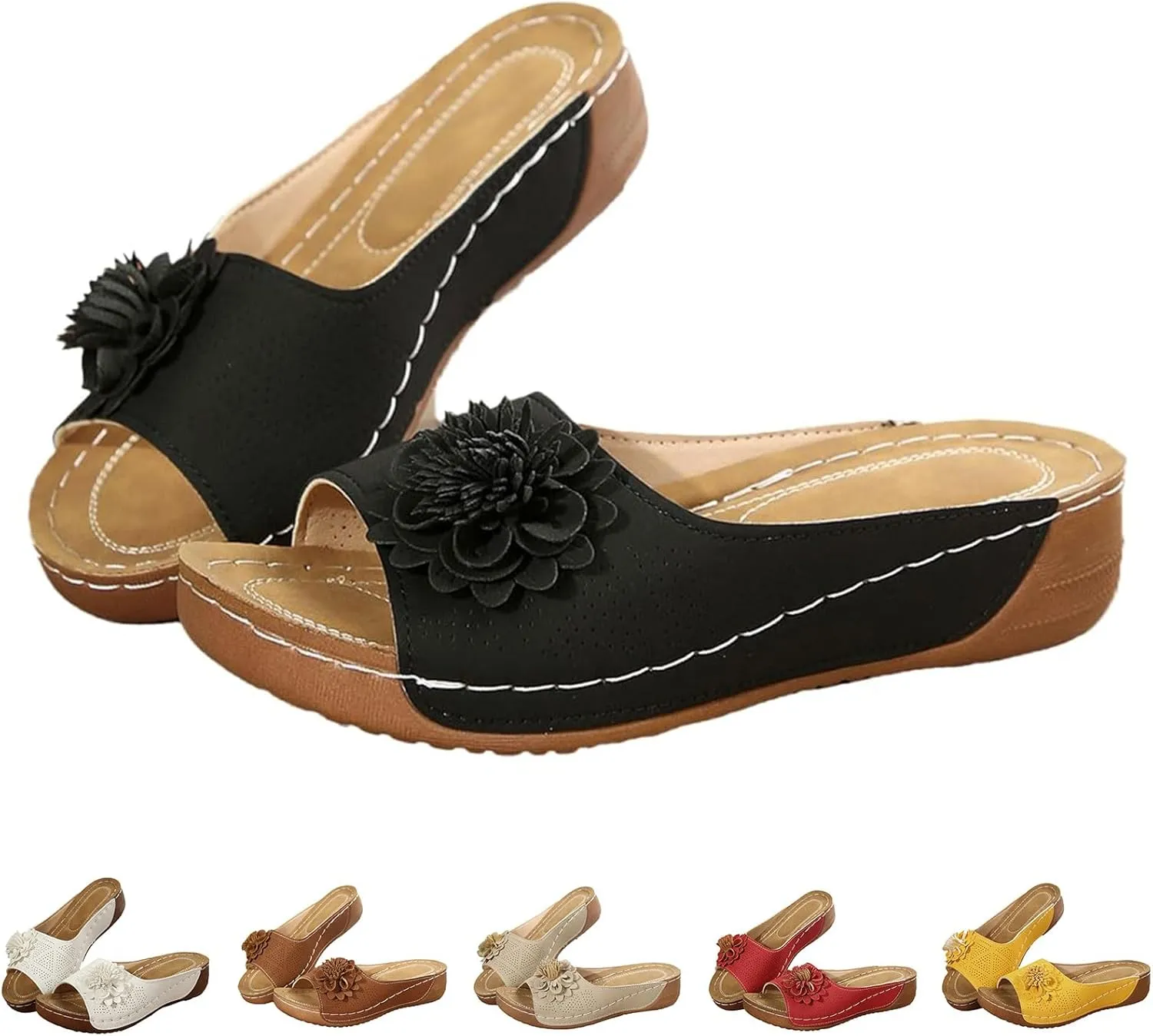 Sandals for Women Wedge Shoes Slip On Dressy Wedge Low Open Toe Slides Slipper Platform Comfortable Flower Sandals Lightweight Memory Foam Platform Shoes