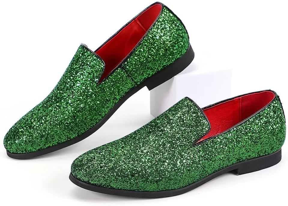 Santimon Mens Glitter Loafers Slip-On Dress Shoes – Sparkly Tuxedo & Suit Shoes for Weddings, Parties, and Formal Events