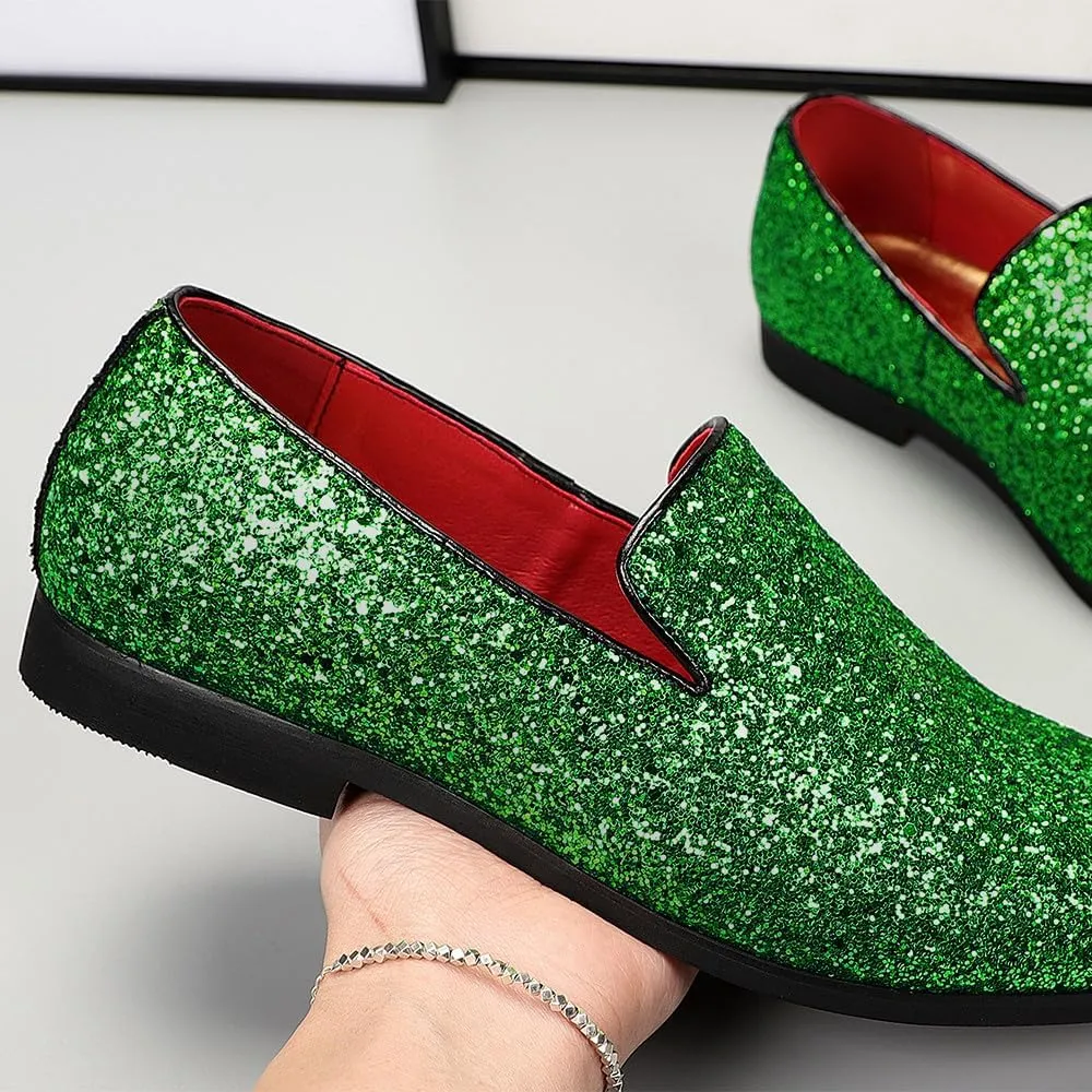 Santimon Mens Glitter Loafers Slip-On Dress Shoes – Sparkly Tuxedo & Suit Shoes for Weddings, Parties, and Formal Events