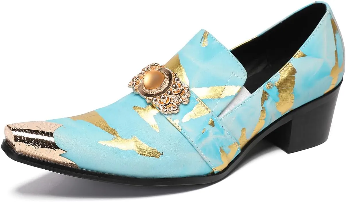 Santimon Mens Loafers Party Dress Casual Metal-Tip Dragon Toe Slip On Leather Gold Beaded Penny Loafers Western Fashion Prom Heel Shoes Summer Shoes for Men Boys