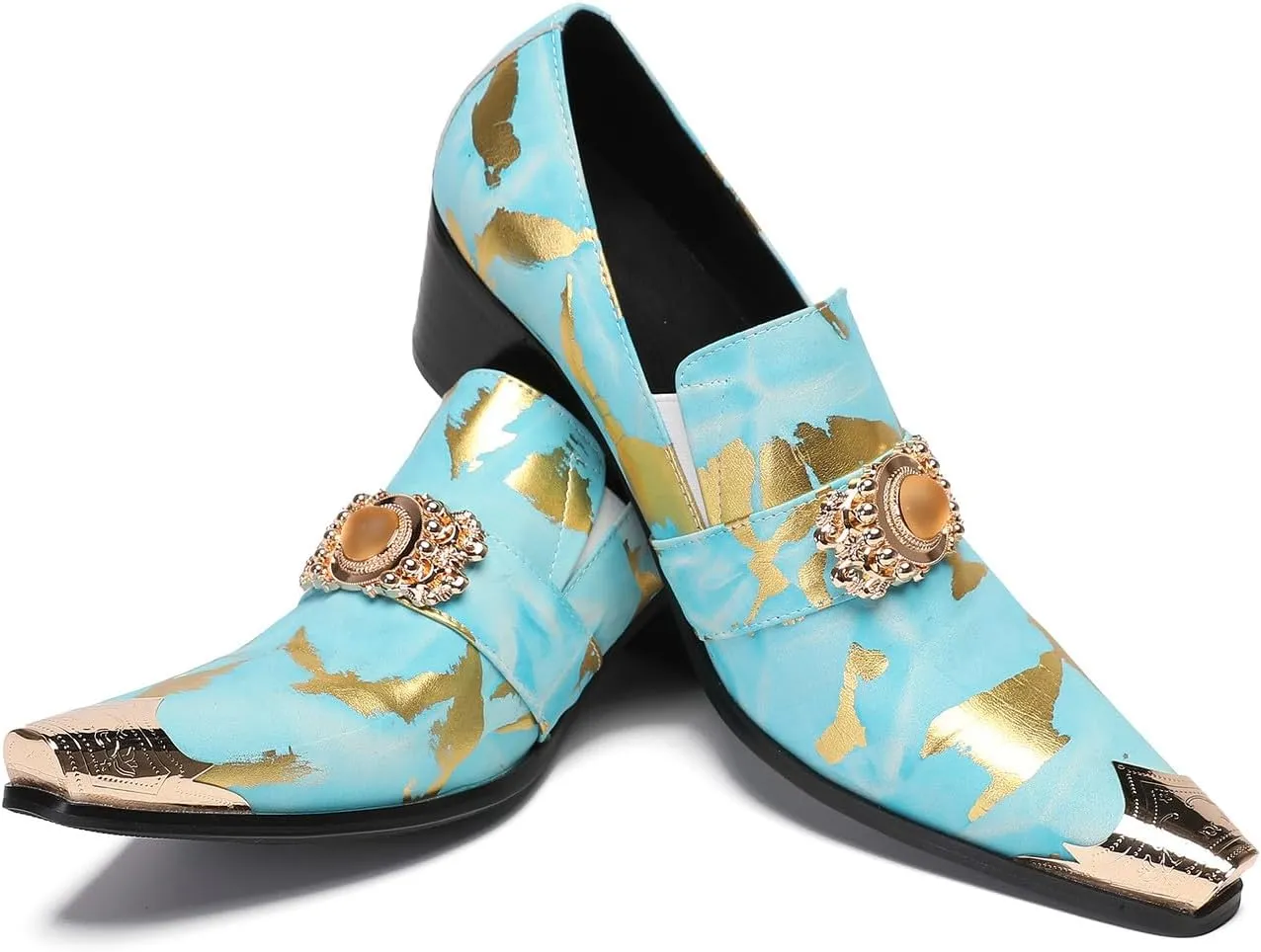 Santimon Mens Loafers Party Dress Casual Metal-Tip Dragon Toe Slip On Leather Gold Beaded Penny Loafers Western Fashion Prom Heel Shoes Summer Shoes for Men Boys