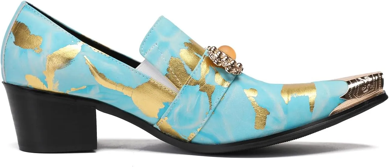 Santimon Mens Loafers Party Dress Casual Metal-Tip Dragon Toe Slip On Leather Gold Beaded Penny Loafers Western Fashion Prom Heel Shoes Summer Shoes for Men Boys