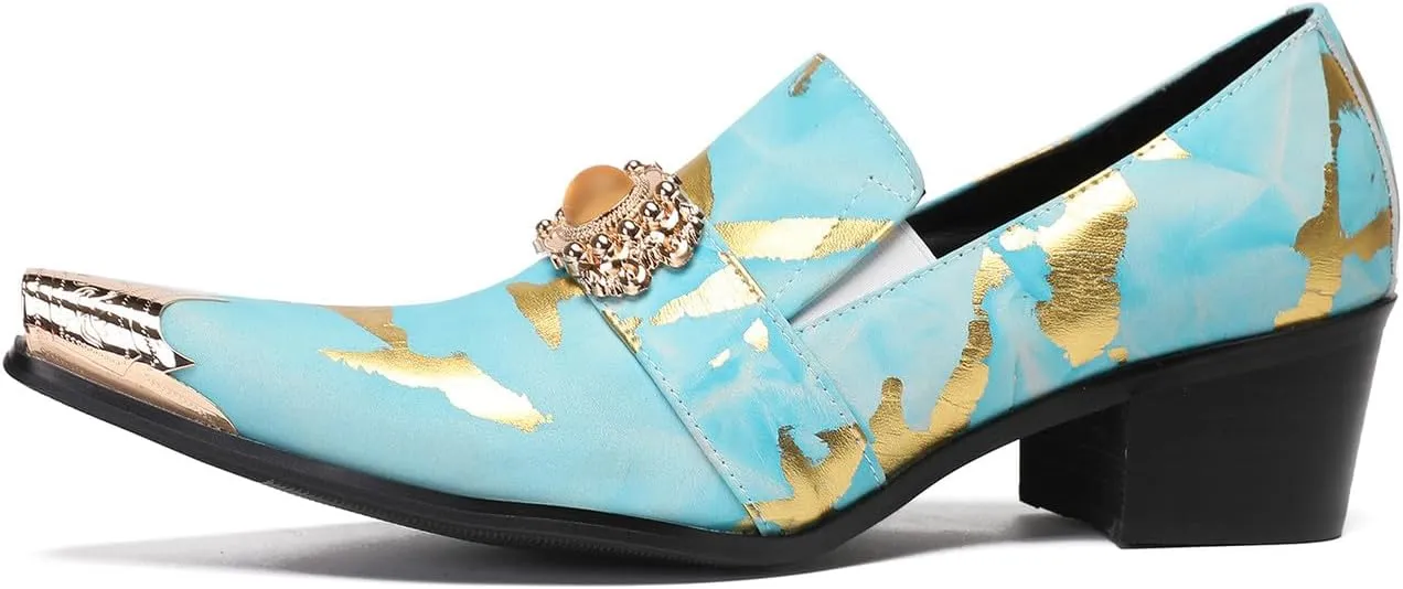 Santimon Mens Loafers Party Dress Casual Metal-Tip Dragon Toe Slip On Leather Gold Beaded Penny Loafers Western Fashion Prom Heel Shoes Summer Shoes for Men Boys