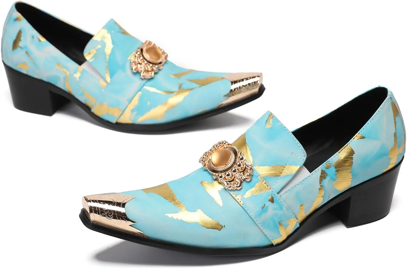 Santimon Mens Loafers Party Dress Casual Metal-Tip Dragon Toe Slip On Leather Gold Beaded Penny Loafers Western Fashion Prom Heel Shoes Summer Shoes for Men Boys