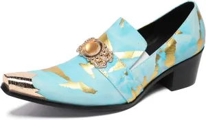 Santimon Mens Loafers Party Dress Casual Metal-Tip Dragon Toe Slip On Leather Gold Beaded Penny Loafers Western Fashion Prom Heel Shoes Summer Shoes for Men Boys