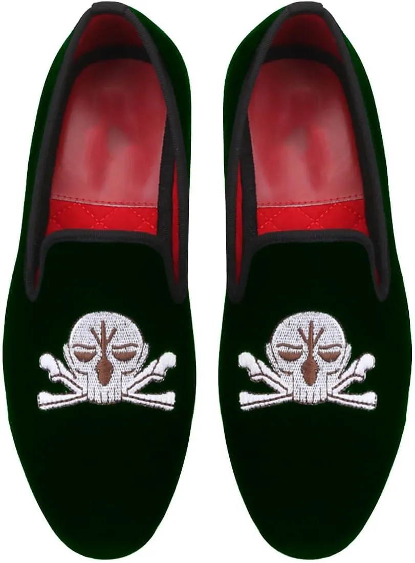 Santimon Mens Loafers Slip On Wedding Dress Velvet Penny Loafers Fashion Tuxedo Casual Business Luxury Suede Embroidery with Skulls Shoes Prom Smoking Party Disco Moccasins for Men
