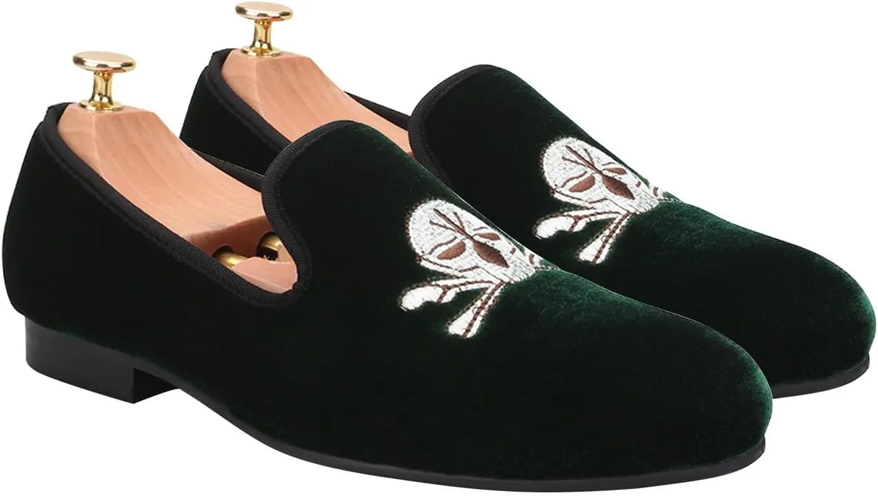 Santimon Mens Loafers Slip On Wedding Dress Velvet Penny Loafers Fashion Tuxedo Casual Business Luxury Suede Embroidery with Skulls Shoes Prom Smoking Party Disco Moccasins for Men