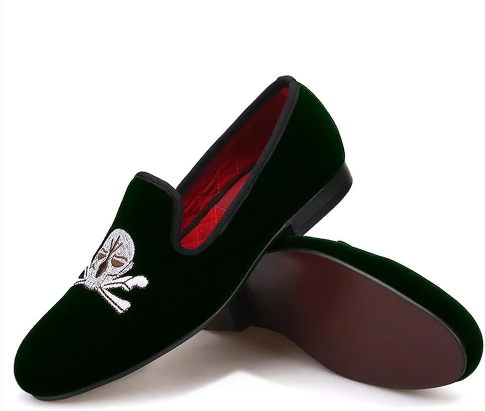 Santimon Mens Loafers Slip On Wedding Dress Velvet Penny Loafers Fashion Tuxedo Casual Business Luxury Suede Embroidery with Skulls Shoes Prom Smoking Party Disco Moccasins for Men