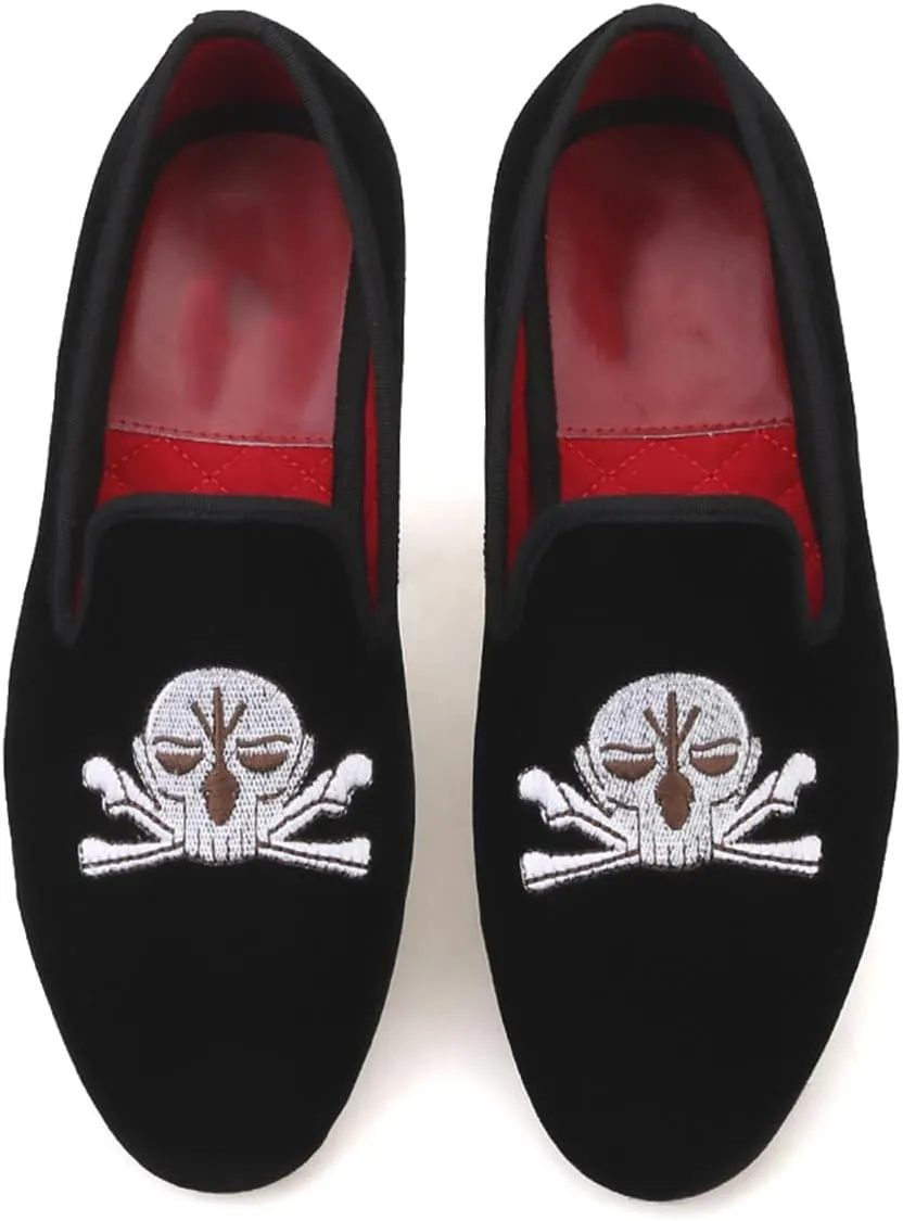 Santimon Mens Loafers Slip On Wedding Dress Velvet Penny Loafers Fashion Tuxedo Casual Business Luxury Suede Embroidery with Skulls Shoes Prom Smoking Party Disco Moccasins for Men