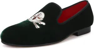 Santimon Mens Loafers Slip On Wedding Dress Velvet Penny Loafers Fashion Tuxedo Casual Business Luxury Suede Embroidery with Skulls Shoes Prom Smoking Party Disco Moccasins for Men