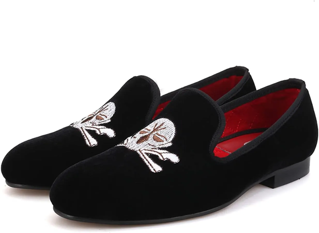 Santimon Mens Loafers Slip On Wedding Dress Velvet Penny Loafers Fashion Tuxedo Casual Business Luxury Suede Embroidery with Skulls Shoes Prom Smoking Party Disco Moccasins for Men