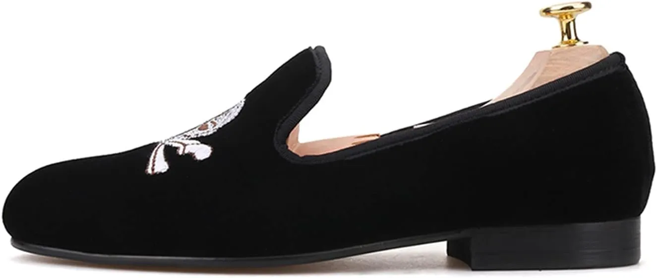 Santimon Mens Loafers Slip On Wedding Dress Velvet Penny Loafers Fashion Tuxedo Casual Business Luxury Suede Embroidery with Skulls Shoes Prom Smoking Party Disco Moccasins for Men