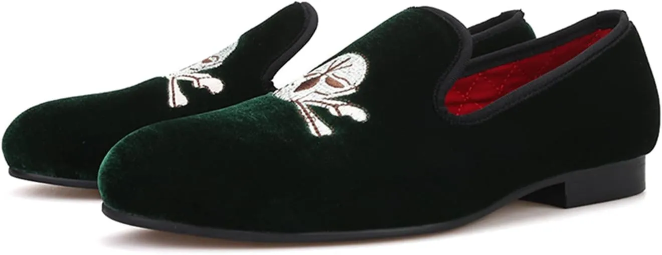 Santimon Mens Loafers Slip On Wedding Dress Velvet Penny Loafers Fashion Tuxedo Casual Business Luxury Suede Embroidery with Skulls Shoes Prom Smoking Party Disco Moccasins for Men