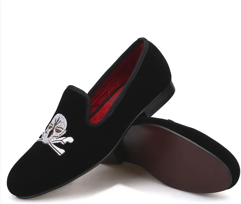 Santimon Mens Loafers Slip On Wedding Dress Velvet Penny Loafers Fashion Tuxedo Casual Business Luxury Suede Embroidery with Skulls Shoes Prom Smoking Party Disco Moccasins for Men