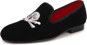 Santimon Mens Loafers Slip On Wedding Dress Velvet Penny Loafers Fashion Tuxedo Casual Business Luxury Suede Embroidery with Skulls Shoes Prom Smoking Party Disco Moccasins for Men