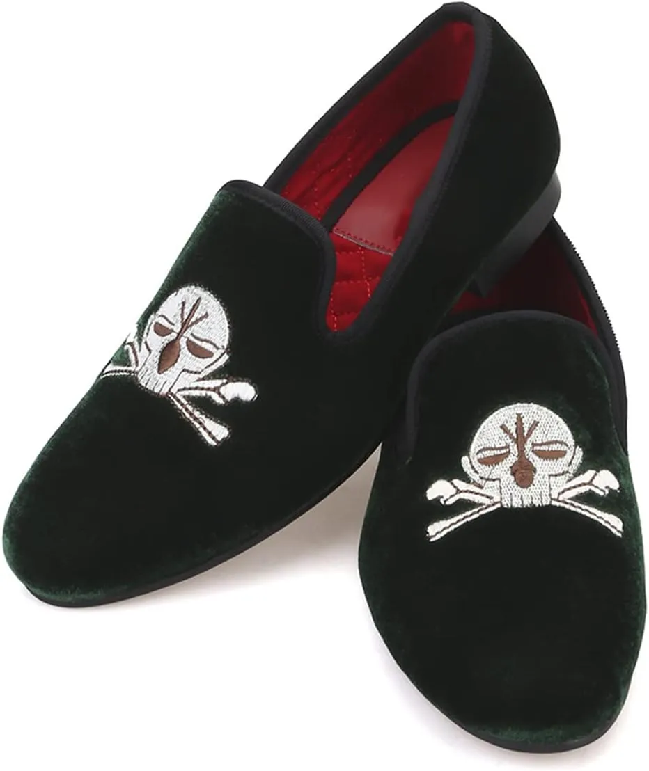 Santimon Mens Loafers Slip On Wedding Dress Velvet Penny Loafers Fashion Tuxedo Casual Business Luxury Suede Embroidery with Skulls Shoes Prom Smoking Party Disco Moccasins for Men