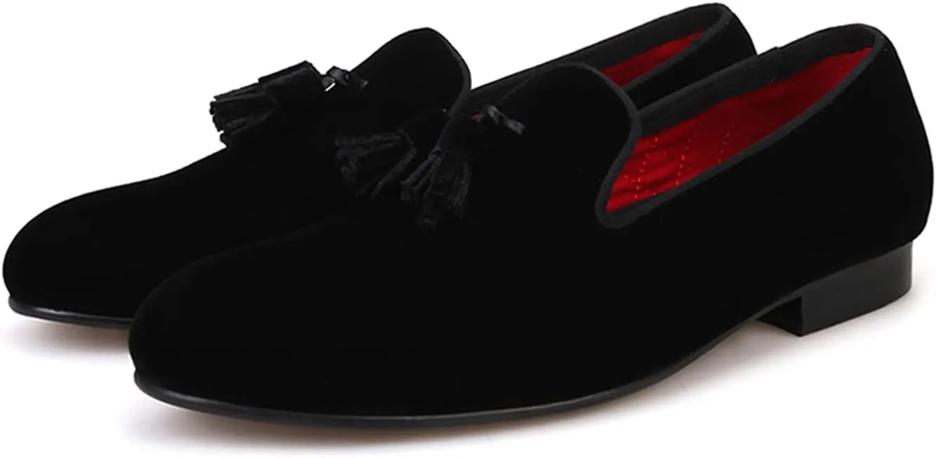 Santimon Mens Tassel Loafers Slip On Wedding Dress Velvet Penny Loafers Fashion Tuxedo Formal Business Casual Luxury Prom Shoes Smoking Party Disco Slippers Suede Moccasins for Men