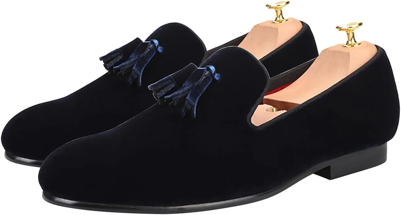 Santimon Mens Tassel Loafers Slip On Wedding Dress Velvet Penny Loafers Fashion Tuxedo Formal Business Casual Luxury Prom Shoes Smoking Party Disco Slippers Suede Moccasins for Men