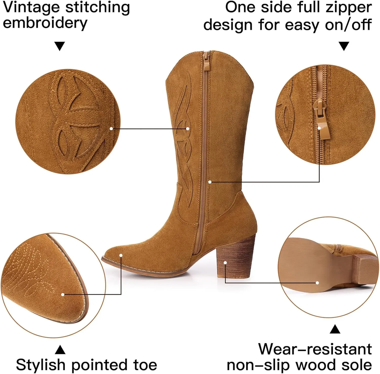 SHIBEVER Cowboy Boots for Women Mid: Black Wide Calf Cowgirl Boots Western Embroidered Country High Heel Round Toe Booties Size