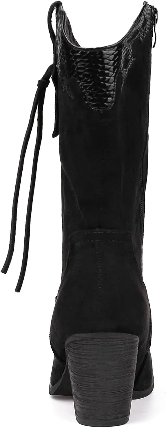 SHIBEVER Cowboy Cowgirl Boots for Women: Western Country High Heel Boots Suede Zipper Mid Calf Booties