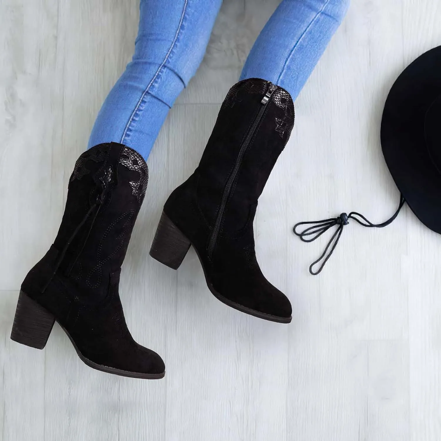 SHIBEVER Cowboy Cowgirl Boots for Women: Western Country High Heel Boots Suede Zipper Mid Calf Booties