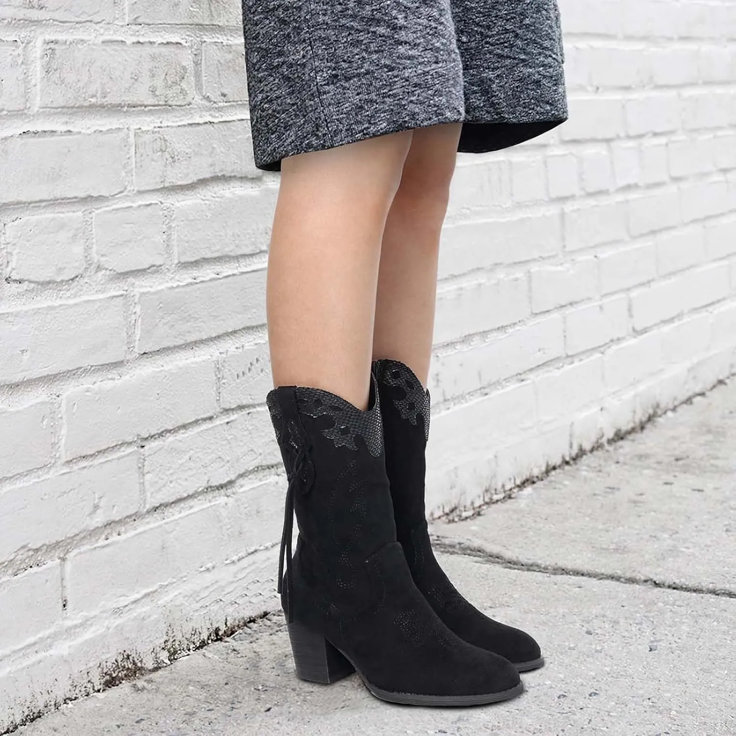 SHIBEVER Cowboy Cowgirl Boots for Women: Western Country High Heel Boots Suede Zipper Mid Calf Booties