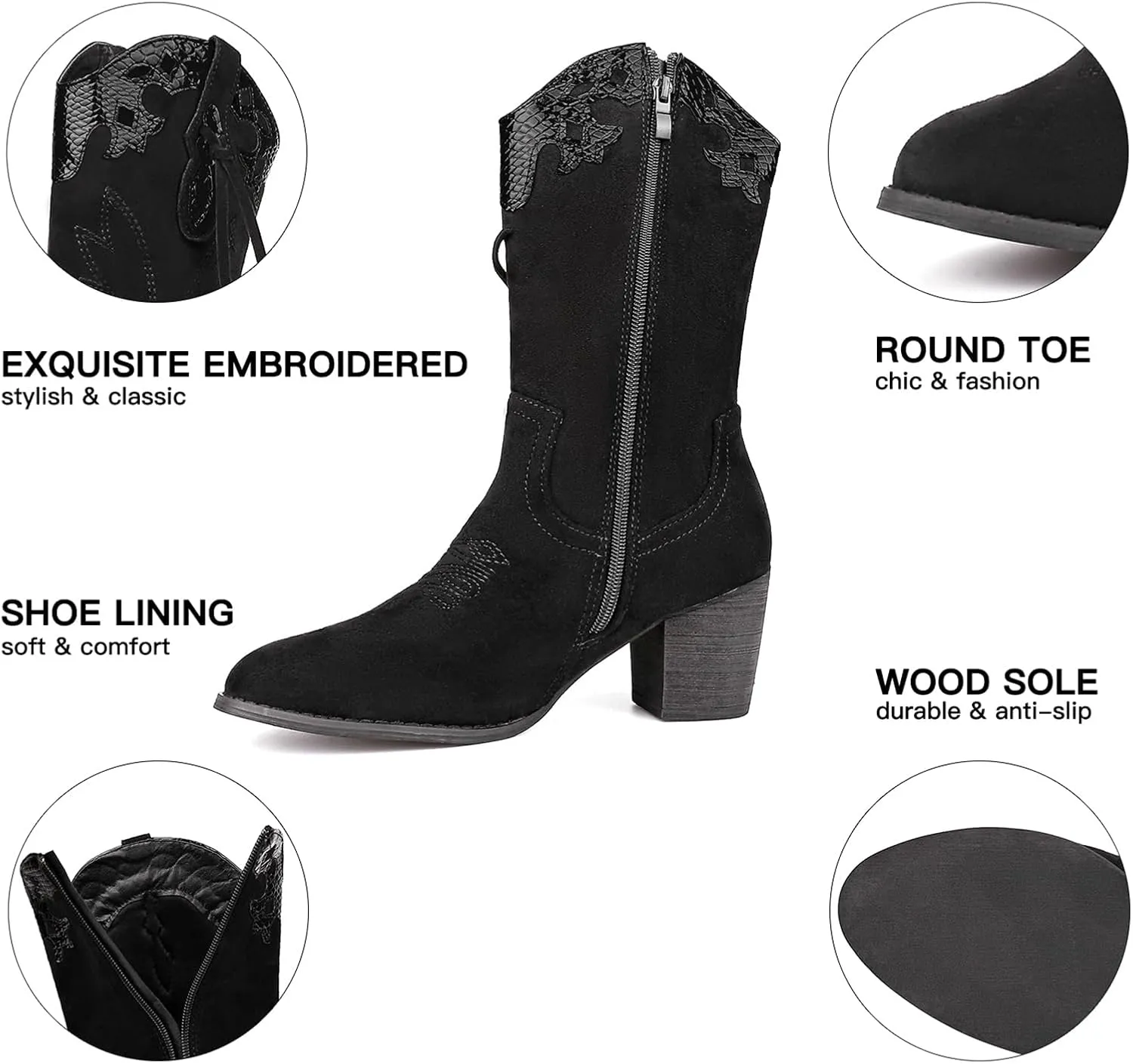 SHIBEVER Cowboy Cowgirl Boots for Women: Western Country High Heel Boots Suede Zipper Mid Calf Booties