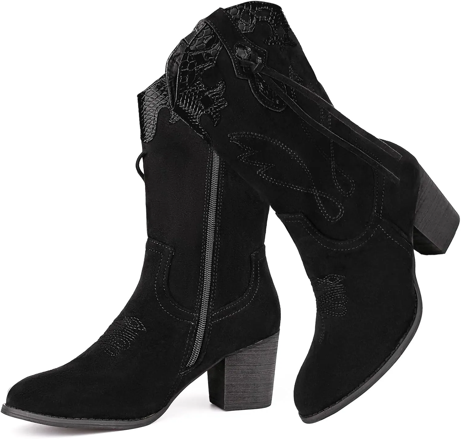 SHIBEVER Cowboy Cowgirl Boots for Women: Western Country High Heel Boots Suede Zipper Mid Calf Booties