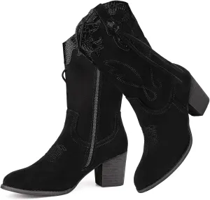 SHIBEVER Cowboy Cowgirl Boots for Women: Western Country High Heel Boots Suede Zipper Mid Calf Booties