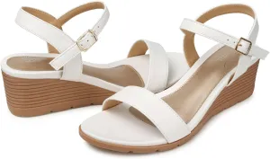 SHIBEVER Womens Sandals Wedge Comfortable: Buckle Ankle Strap Wedge Sandal - White Sandals Women - Dressy Summer Size 6
