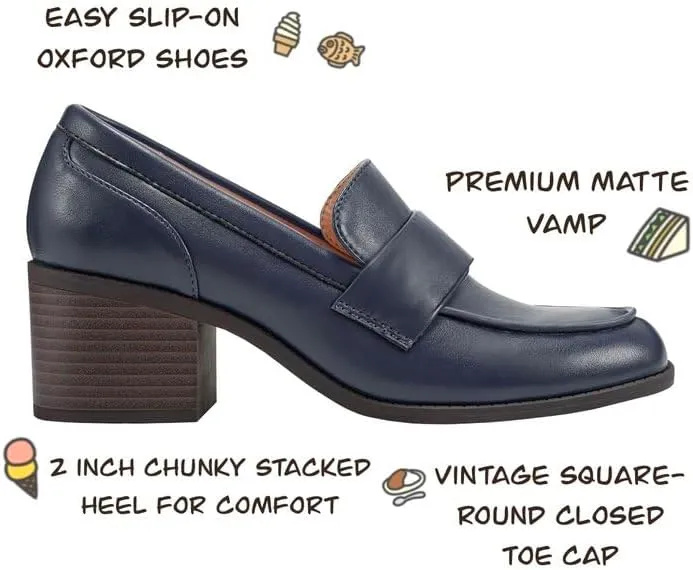 SHODENSE Women Comfy Chunky Heel Loafers Pumps Round Square Closed Toe Matte Leather Slip On Oxford Loafer Shoes Mid Stacked Block Heels Penny Loafers Office Work Formal Business Daily Retro 4-11 M US
