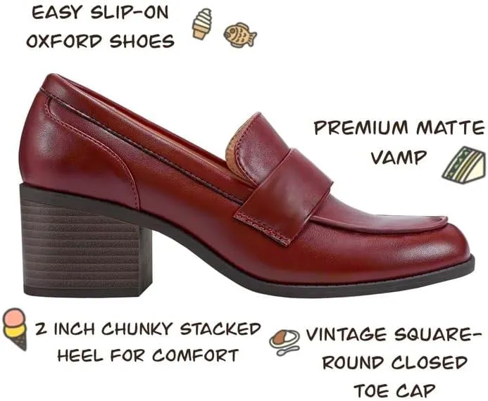 SHODENSE Women Comfy Chunky Heel Loafers Pumps Round Square Closed Toe Matte Leather Slip On Oxford Loafer Shoes Mid Stacked Block Heels Penny Loafers Office Work Formal Business Daily Retro 4-11 M US