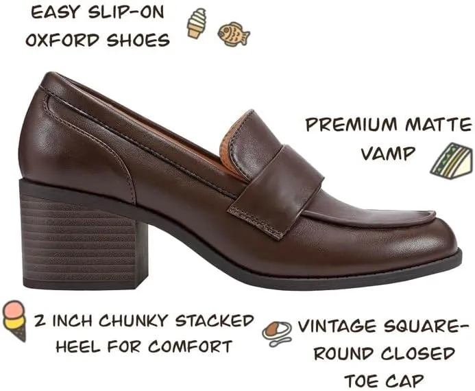 SHODENSE Women Comfy Chunky Heel Loafers Pumps Round Square Closed Toe Matte Leather Slip On Oxford Loafer Shoes Mid Stacked Block Heels Penny Loafers Office Work Formal Business Daily Retro 4-11 M US