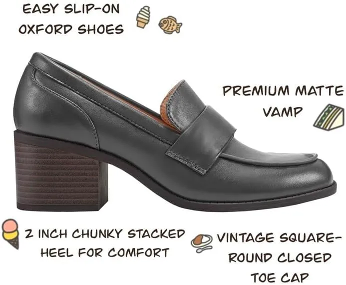 SHODENSE Women Comfy Chunky Heel Loafers Pumps Round Square Closed Toe Matte Leather Slip On Oxford Loafer Shoes Mid Stacked Block Heels Penny Loafers Office Work Formal Business Daily Retro 4-11 M US