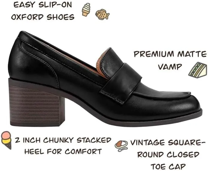 SHODENSE Women Comfy Chunky Heel Loafers Pumps Round Square Closed Toe Matte Leather Slip On Oxford Loafer Shoes Mid Stacked Block Heels Penny Loafers Office Work Formal Business Daily Retro 4-11 M US