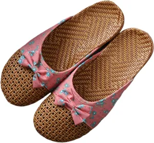 Slide Sandals for Women 2025 Comfortable Vine Grass Woven Slippers Closed Toe Home Slippers Anti Slip Grass Mat Sandals Bohemian Breathable Vacation Shoes