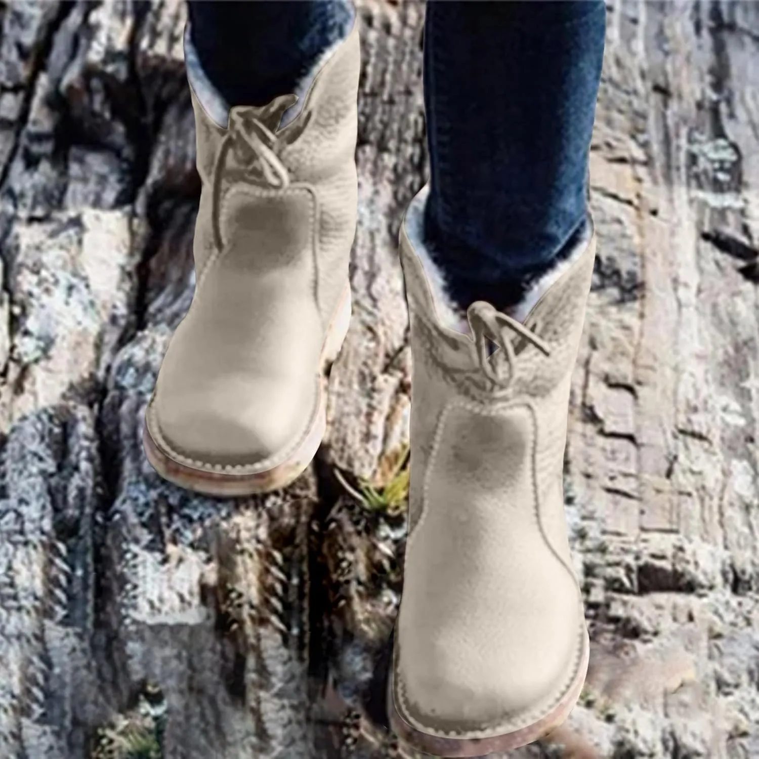 Snow Boots for Women Waterproof Leather Winter Boots Western Christmas Fur Boots Outdoor Anti-slip Mid Calf Boots
