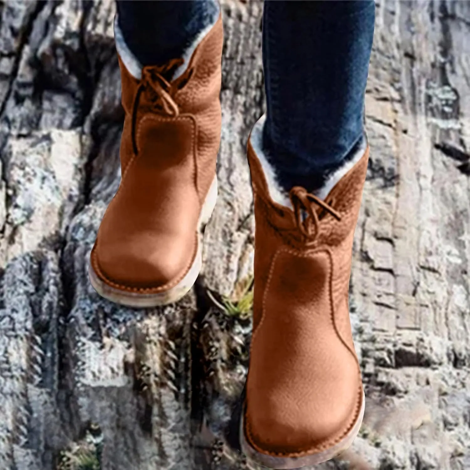 Snow Boots for Women Waterproof Leather Winter Boots Western Christmas Fur Boots Outdoor Anti-slip Mid Calf Boots