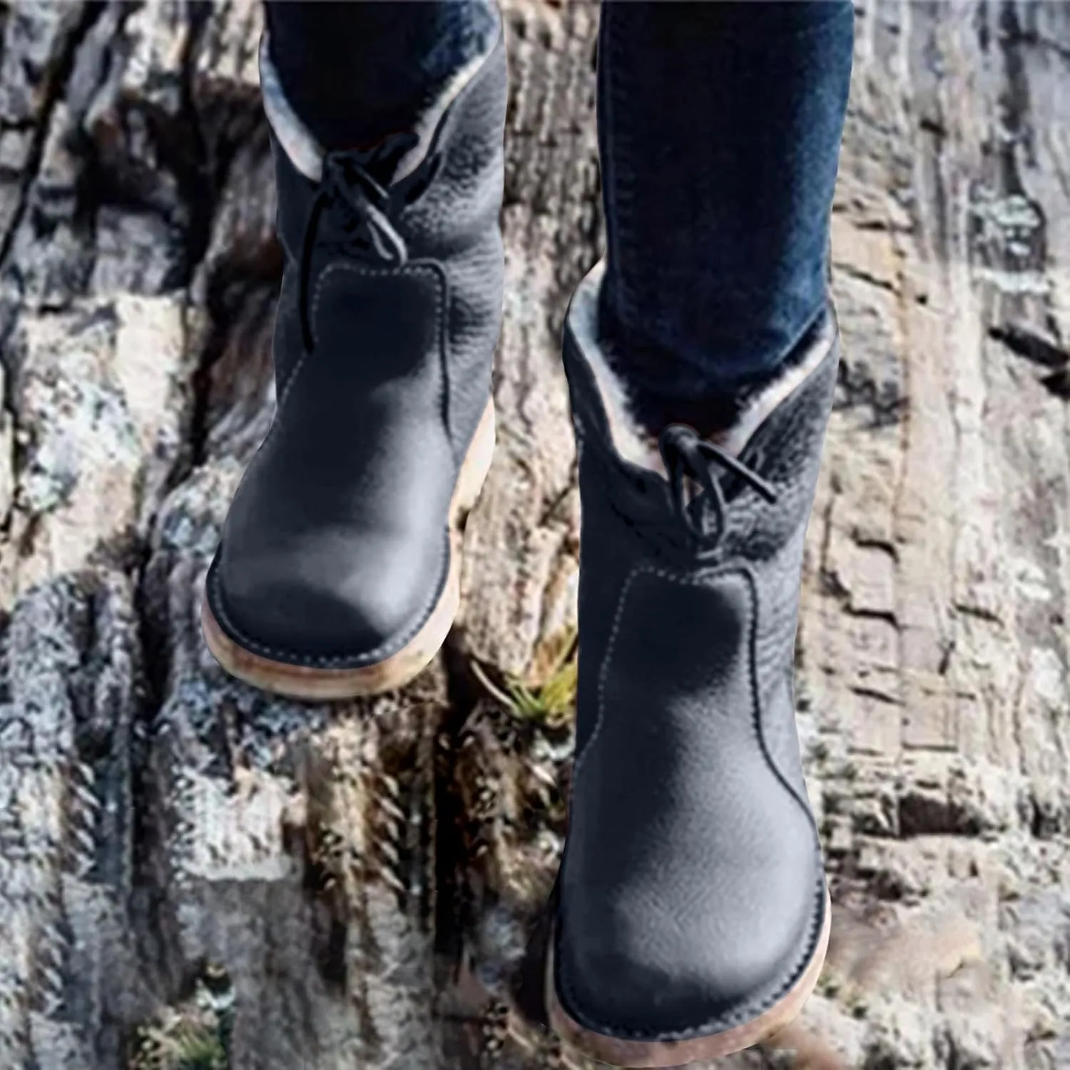 Snow Boots for Women Waterproof Leather Winter Boots Western Christmas Fur Boots Outdoor Anti-slip Mid Calf Boots