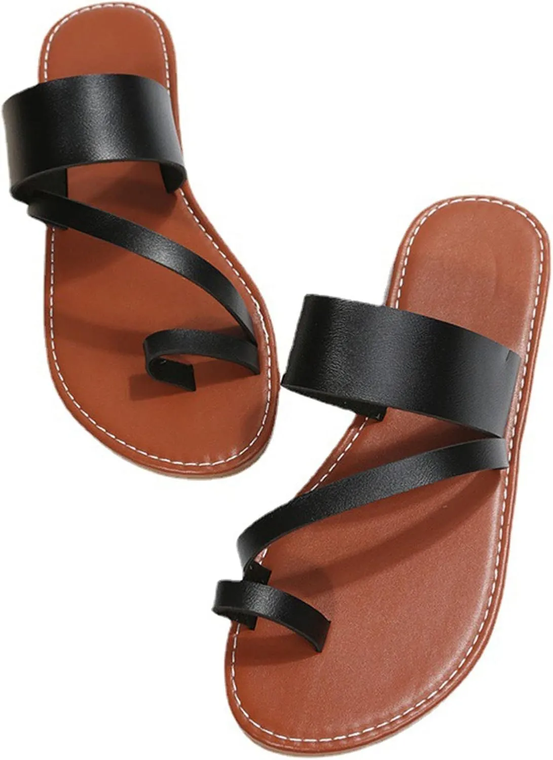 Summer Womens Casual Flat Sandals Vintage Straps Toe Ring Clip Toe Slip on Slides Lightweight Outdoor Slippers Comfortable Ladies Beach Shoes
