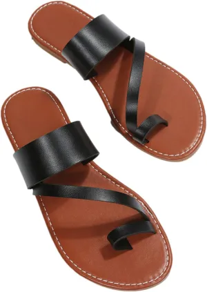 Summer Womens Casual Flat Sandals Vintage Straps Toe Ring Clip Toe Slip on Slides Lightweight Outdoor Slippers Comfortable Ladies Beach Shoes