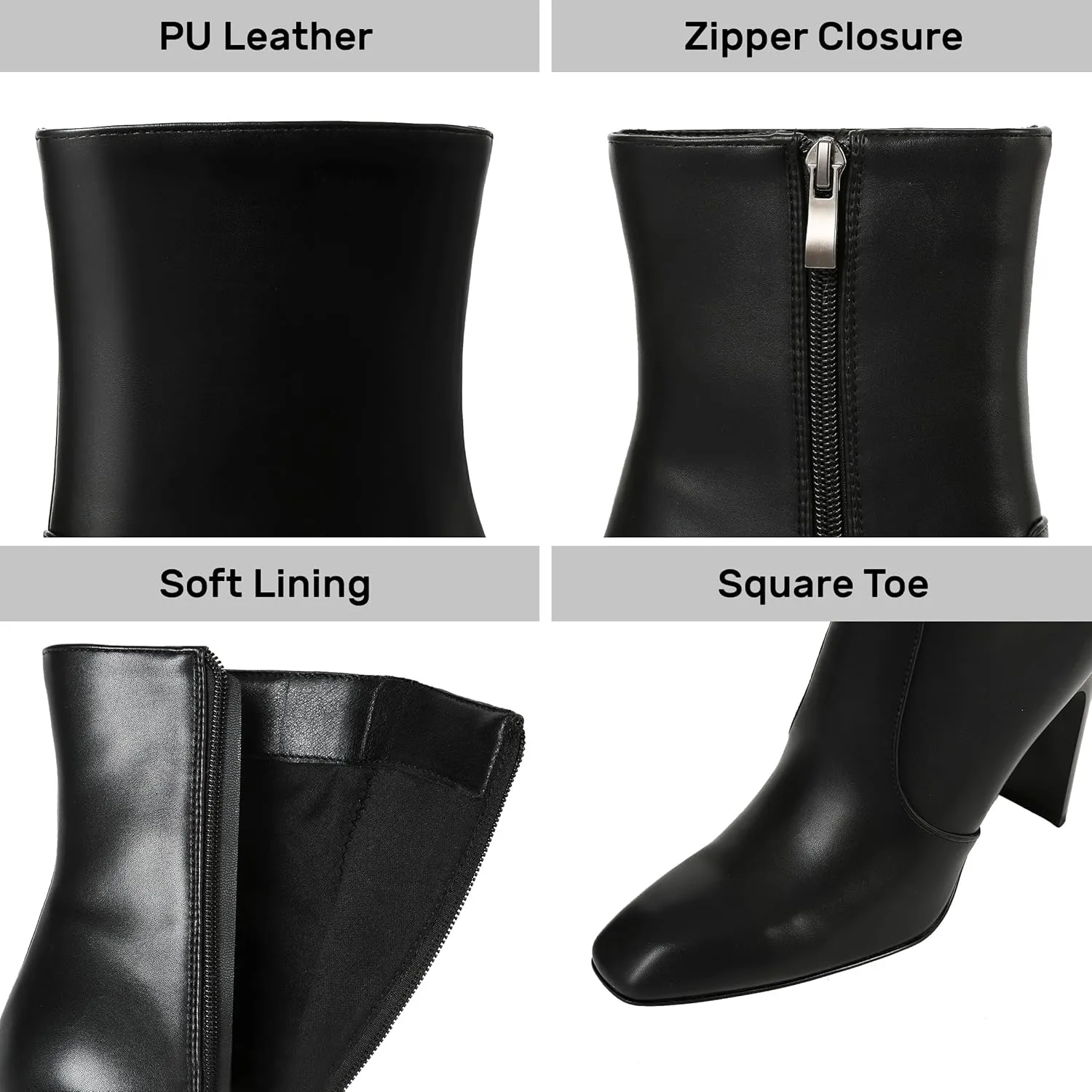 Synchoiss Ankle Boots for Women Chunky High Heel Black Boots Square Toe Rubber Sole Zipper Leather Boots Winter Fall Shoes Short Booties