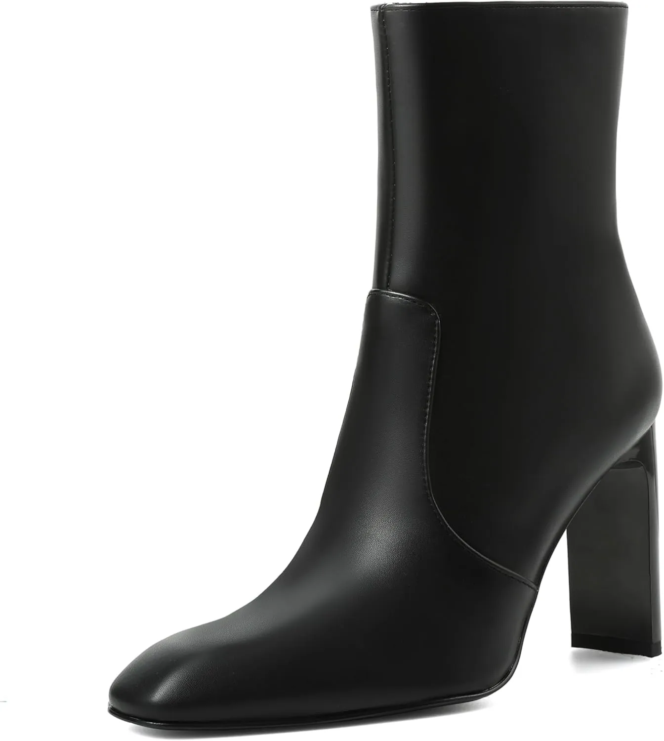 Synchoiss Ankle Boots for Women Chunky High Heel Black Boots Square Toe Rubber Sole Zipper Leather Boots Winter Fall Shoes Short Booties