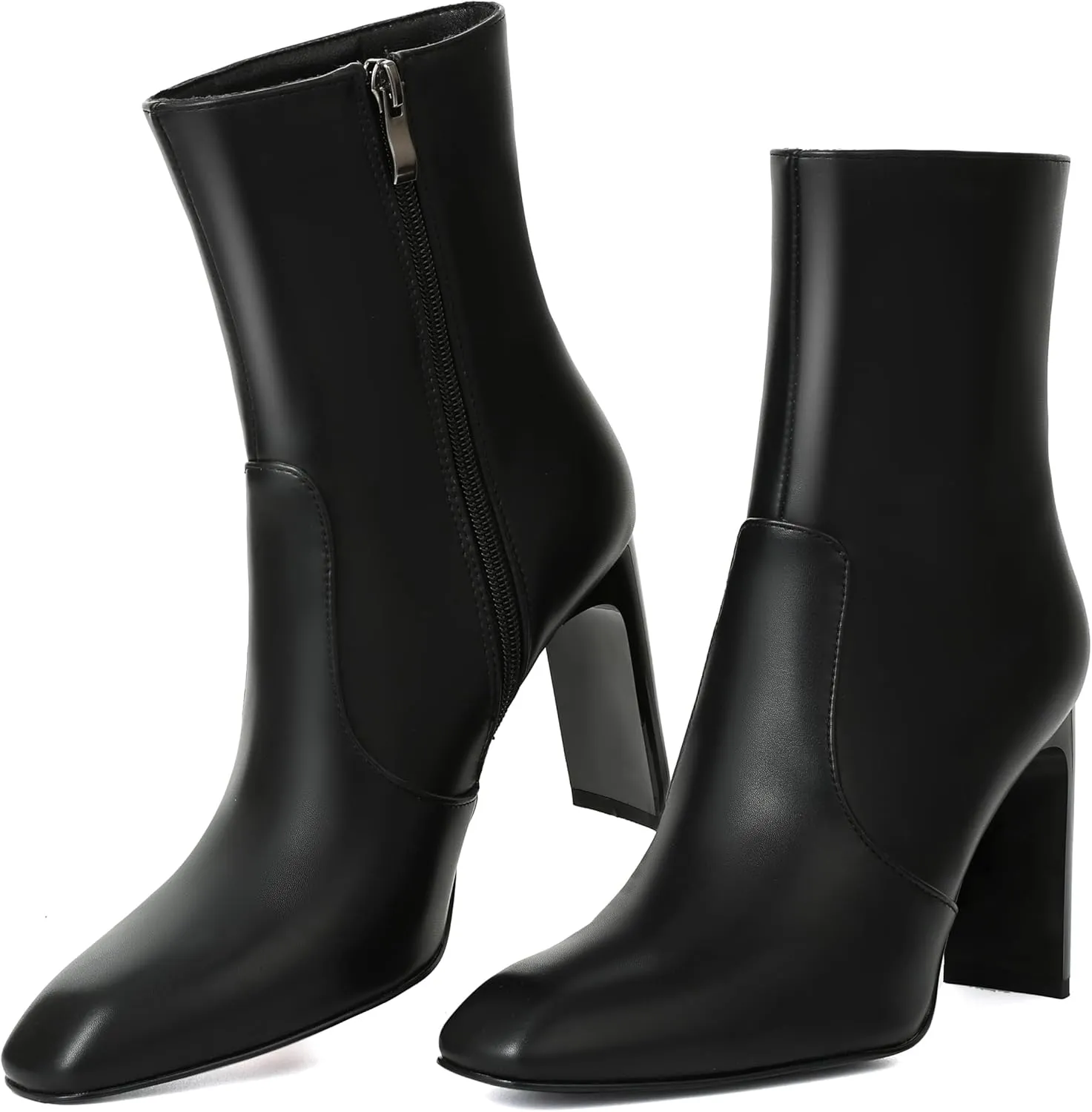 Synchoiss Ankle Boots for Women Chunky High Heel Black Boots Square Toe Rubber Sole Zipper Leather Boots Winter Fall Shoes Short Booties