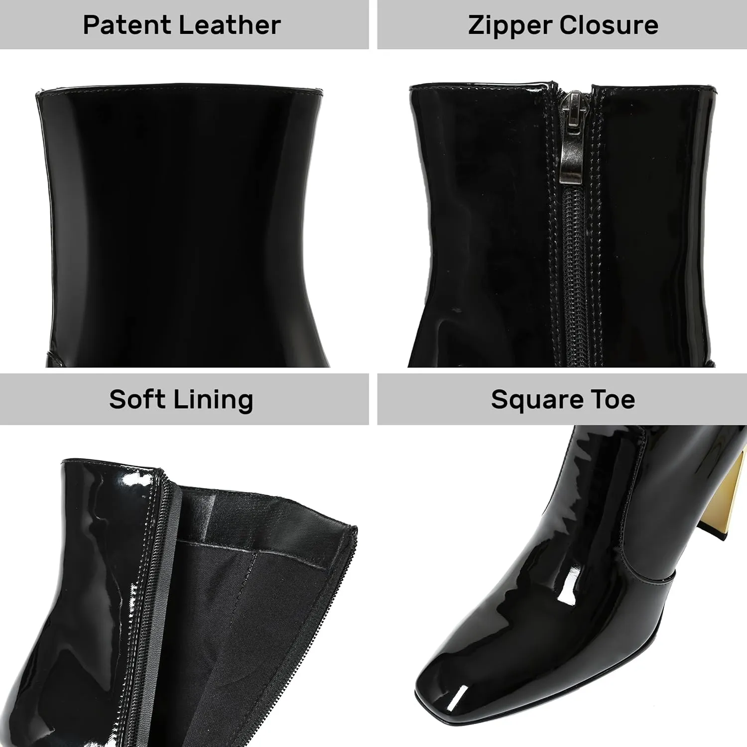 Synchoiss Ankle Boots for Women Chunky High Heel Black Boots Square Toe Rubber Sole Zipper Leather Boots Winter Fall Shoes Short Booties