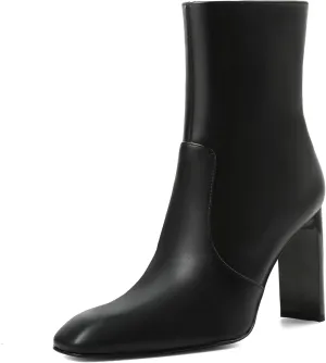 Synchoiss Ankle Boots for Women Chunky High Heel Black Boots Square Toe Rubber Sole Zipper Leather Boots Winter Fall Shoes Short Booties
