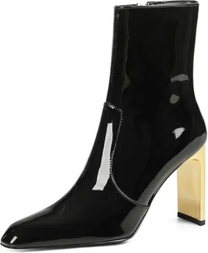 Synchoiss Ankle Boots for Women Chunky High Heel Black Boots Square Toe Rubber Sole Zipper Leather Boots Winter Fall Shoes Short Booties