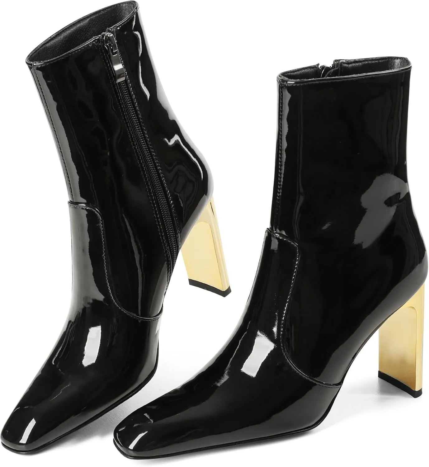 Synchoiss Ankle Boots for Women Chunky High Heel Black Boots Square Toe Rubber Sole Zipper Leather Boots Winter Fall Shoes Short Booties