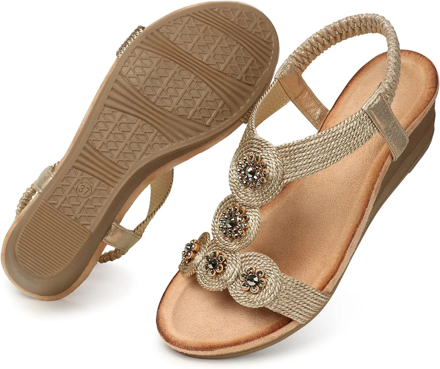 TEMOFON Womens Wedge Dressy Sandals: Elastic Ankle Strap Sandals - Summer Beach Open Toe - Comfortable Walking Sandals Size 5-11