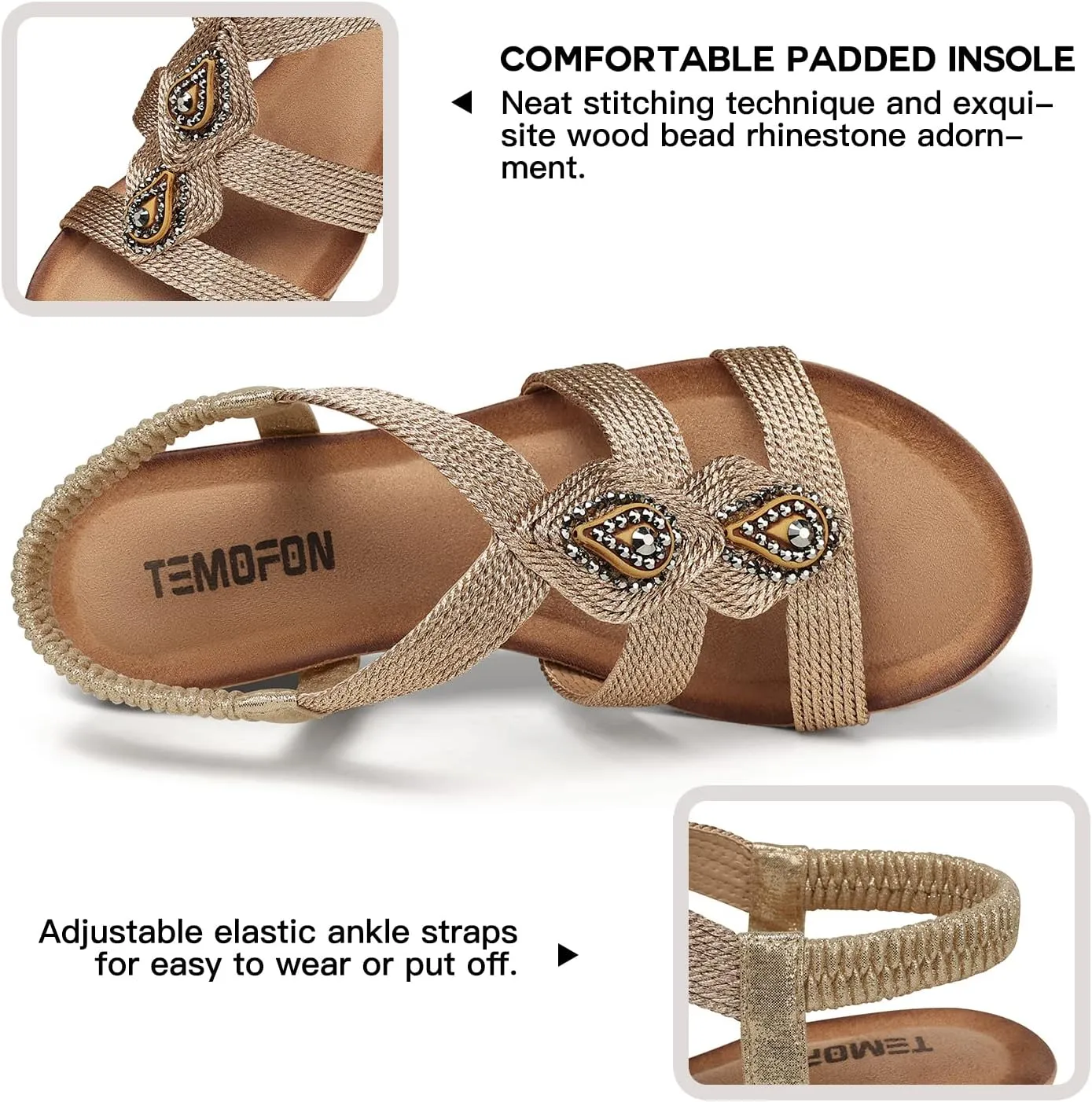 TEMOFON Womens Wedge Dressy Sandals: Elastic Ankle Strap Sandals - Summer Beach Open Toe - Comfortable Walking Sandals Size 5-11